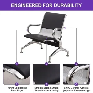 1 Seat Waiting Chair PVC Cushioned Black Seat Chrome Plated Cold Rolled Steel Perforated Back Hospital Airport Public Bench