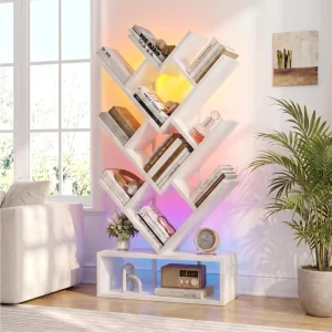 10 Tier Modern Wood Tree Bookshelf with Lights Corner Floor Standing Storage Organizer