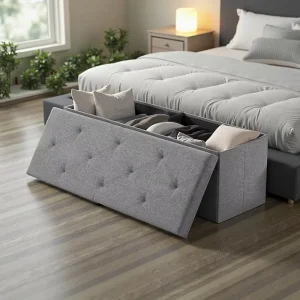 110*38*38cm Inner Divider Linen Fabric Large Capacity Foldable Living Room Bedroom Entry Storage Bench Stool