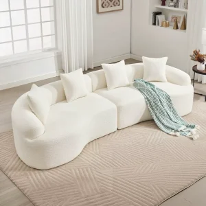 110″ White Chenille Curved Modular Compression Sofa No Assembly for Living Room Apartment