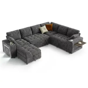 112″ Modular Sectional Sleeper Sofa Pull Out Bed Modern 7 Seater L Shaped Couch Reclining Backrest Eco Friendly Apartment School