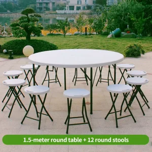 12-Person Modern Steel Frame Folding Table and Bench Chair Set with Durable Plywood Top for Outdoor Hotel Dining