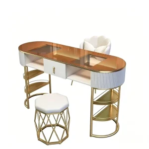 120CM Oval Manicure Nail Table Tempered Glass Gold Frame Double Storage Drawer Salon Workstation with Stool & Chair