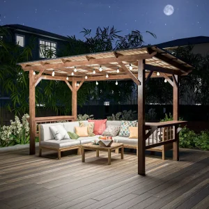 13′ x 6.5′ Modern Wooden Pergola Grill Gazebo Metal Roof LED Bulbs Bar Counters Outdoor BBQ Pavilion Patio Outdoor Furniture