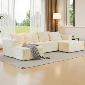 134″ Cloud Sectional Couch L Shape Chaise U Shaped Corduroy Compressed Sofa Deep Seat Upholstered Modular Apartment Workshop