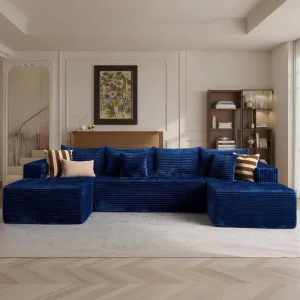 134.6″ Modern U Shaped Reclining Floor Couch Double Chaise Lounge Plush Corduroy Modular Sofa Blue High Density Sponge Apartment