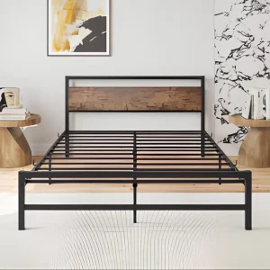 14 Inch Metal Bed Frame with Retro Headboard Under Bed Storage Mattress Base Heavy Duty Steel Slats Support Bedroom Furniture
