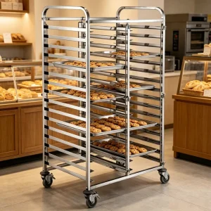 16 Tier Double Row Stainless Steel Pie Pan Bakery Bread Rack Trolley Cart with Swivel Casters