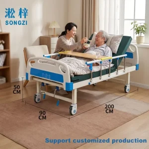 2 Crank Manual Hospital Bed Adjustable Back Leg Lift With Dining Table IV Pole Guardrail Wheels