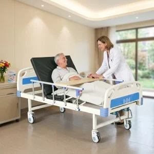 2 Crank Manual Hospital Bed Adjustable Backrest Leg Lift With Dining Table IV Pole Guardrail