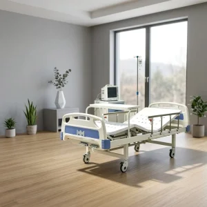 2 Crank Manual Metal Home Care Hospital Bed Adjustable Backrest Leg Lift Perforated Surface with Guardrail Wheels