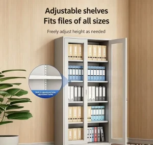 2 Door Metal Wardrobe Steel Glass File Cabinet with Lock Office Storage Cupboard for Documents Durable Steel Frame
