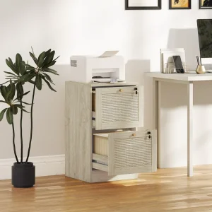 2 Drawer Filing Cabinet with Lock Boho File Cabinet for A4 Letter Size Files with Decorative Rattan Accents Oak