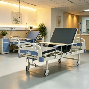 2 Function Manual Hospital Bed Adjustable Medical Patient Bed with Dining Table and IV Pole for Hospital Ward Clinic