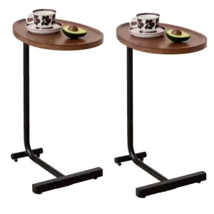 2 Pack C Shaped Side End Tables Brown Top Small Sofa Side Table for Living Room Bedroom Small Spaces