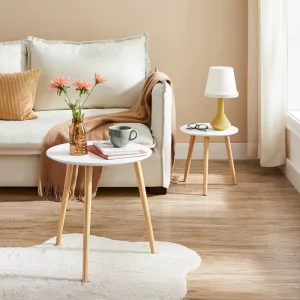 2 Pack Round Side Tables Minimalist Scandinavian End Tables with Solid Pine Legs for Living Room Balcony White & Natural