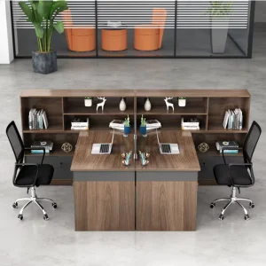 2 Person Customizable Office Workstation Desk with Storage Hutch Wooden Double Computer Table & Cabinet for Open Office
