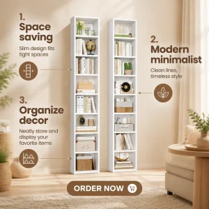 2 Piece 71” Tall Narrow 8 Tier Adjustable Shelves Contemporary Wood Bookshelf Optional Wall Mount CD DVD Storage Black