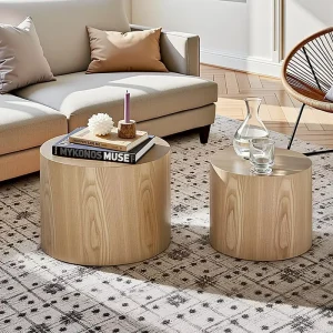 2 Piece Cylinder Nesting Coffee & End Table Set with Wood Veneer Finish