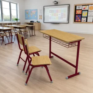 2 Seater Desk and Chair Set Wood Laminate Top Metal Frame Wire Mesh Storage Shelf for Classroom Kindergarten Primary School Bulk