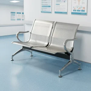 2 Seater Public Bench Chair Cold Rolled Steel Chrome Perforated Seat Curved Armrest Hospital Airport Waiting Area