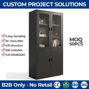 2 Section Office Cabinet Upper Tempered Glass & Lower Steel Swing Door Storage Filing Cabinet with Adjustable Shelves