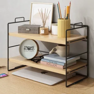 2-Tier Iron Art Desktop Shelf (Black Frame + Wood Grain Surface) Multifunctional Desk Organizer Rack
