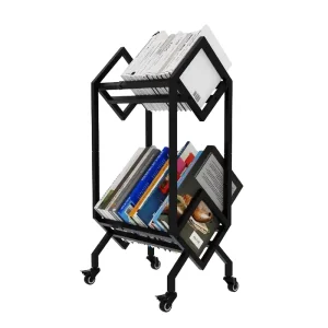 2 Tier Metal Bookshelf Book Rack with Wheels Modern Stylish Design Magazines Files Album Recipe Book Storage Organizer BTS