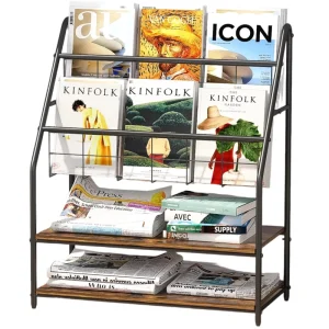 2 Tier Metal Magazine Racks Newspaper Display Stand with Board Shelves for Books and Brochure Magazine Holder Floor