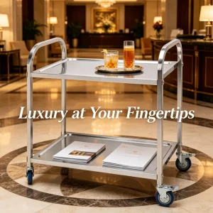2 Tier Rolling Trolley with Dual Push Handles Beverage and Tea Service Cart for Banquet and Club