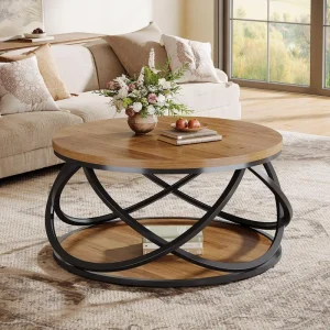 2 Tier Round Coffee Table 31.5″ Circle Center Table Wood Grain Accent Table with Storage Shelf and Cross Metal