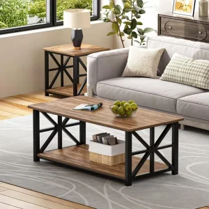 2-Tier Storage Coffee Table 100cm Living Room Rounded Corners Multifunctional Modern X-Frame Design Wood Metal Grey