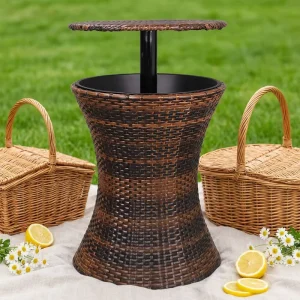 2 in 1 Modern Cooler Table Rattan Garden Bar Table with Ice Bucket for Hotel Patio