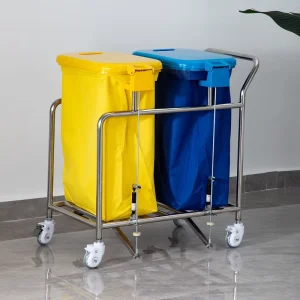 201 Stainless Steel Yellow Blue Double Bucket Soiled Linen Cart with Brake Casters