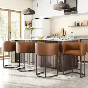26″ H Counter Height Bar Stools Modern Barrel Design Faux Leather Upholstered Wide Armrests Metal Frame 450 LBS Capacity