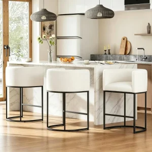 26″ H Counter Height Modern Barrel Bar Stools Backrest Arms Linen Fabric Upholstery Metal Frame Support 450 LBS