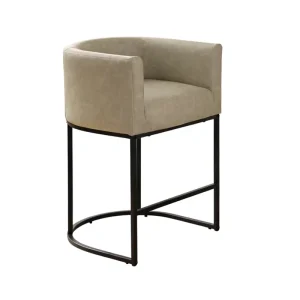 26″ H Modern Counter Height Bar Stools Set 1 Metal Frame Faux Leather Upholstered Backrest Arms Grey White Kitchen Island Pub