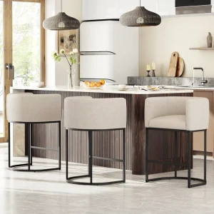 26″ H Modern Metal Frame Counter Height Bar Stools with Backrest Arms Linen Fabric Upholstery 450 LBS Capacity