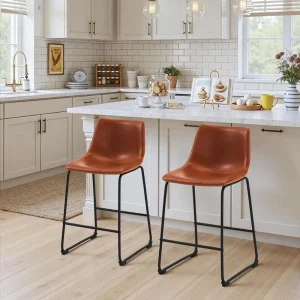 26 Inch Counter Height Modern Bar Stools Horse Leather Back Metal Legs Easy Cleaning Heavy Duty Footrest