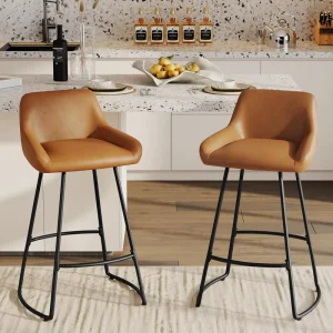 26inch Mid Century Modern Metal Frame Counter Height Bar Stools with Backrest Set of 2 Brown Kitchen Island & Dining Room