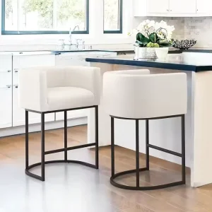 27″ H Counter Height Bar Stools Modern Barrel Design Backrest Arms Black Metal Frames Linen Fabric Upholstered