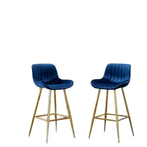 29 Inch Velvet Blue Bar Stools Modern Gold Footrests Upholstered Bar Chairs for Home Kitchen Island Dining Living Room