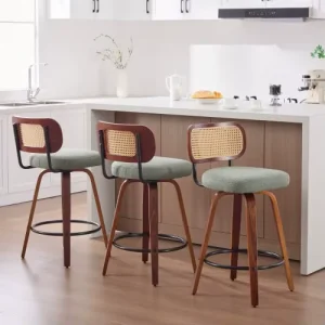 3 26 Inch Counter Height Adjustable Bar Stools Walnut Black Cane Back Light Green Linen Upholstered Seat Hotel Dining