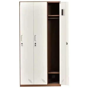3 Door Modern Steel Wardrobe with White & Brown Finish Lockable Filing Cabinet for Hotels Apartments Offices