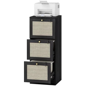 3 Drawer Filing Cabinet with Lock Boho File Cabinet for A4 Letter Size Files with Decorative Rattan Accents Black