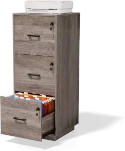 3 Drawer Lockable Wooden Filing Cabinet with Key Lock Rustic Gray Tall Design for Home Office Letter Size Storage
