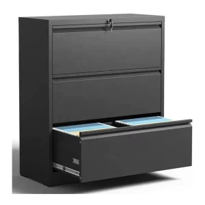 3 Drawer Metal Filing Cabinet in Black Steel for Office and Lateral File Storage