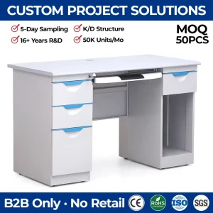 3 Drawer Metal Office Desk with Blue Handles Keyboard Tray and CPU Holder Grey Steel Staff Workstation Table