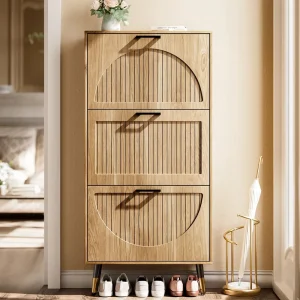 3 Flip Drawer Narrow Shoe Cabinet Semi Circular Fluted Door Holds 18 Pairs Slim Entryway Shoe Storage with Back Panel