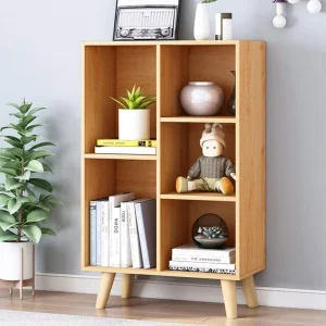 3-Floor Wooden Open Bookcase with Legged Display Cases 5-Cube Bookshelf Storage Holders and Racks